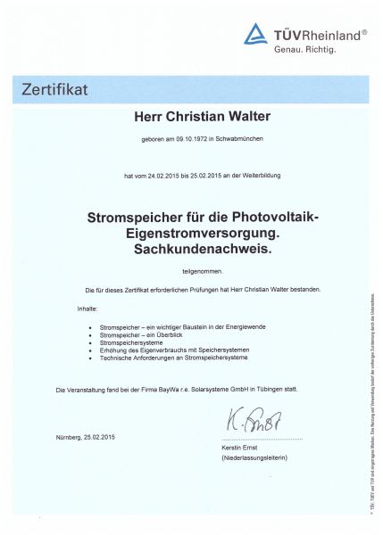 TUEV Zertifikat Speicher2015